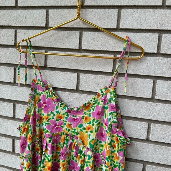 Patrons of Peace Malibu Dress L Floral Rayon Mini Tie Strap Ruffle India Boho - Picture 10 of 13